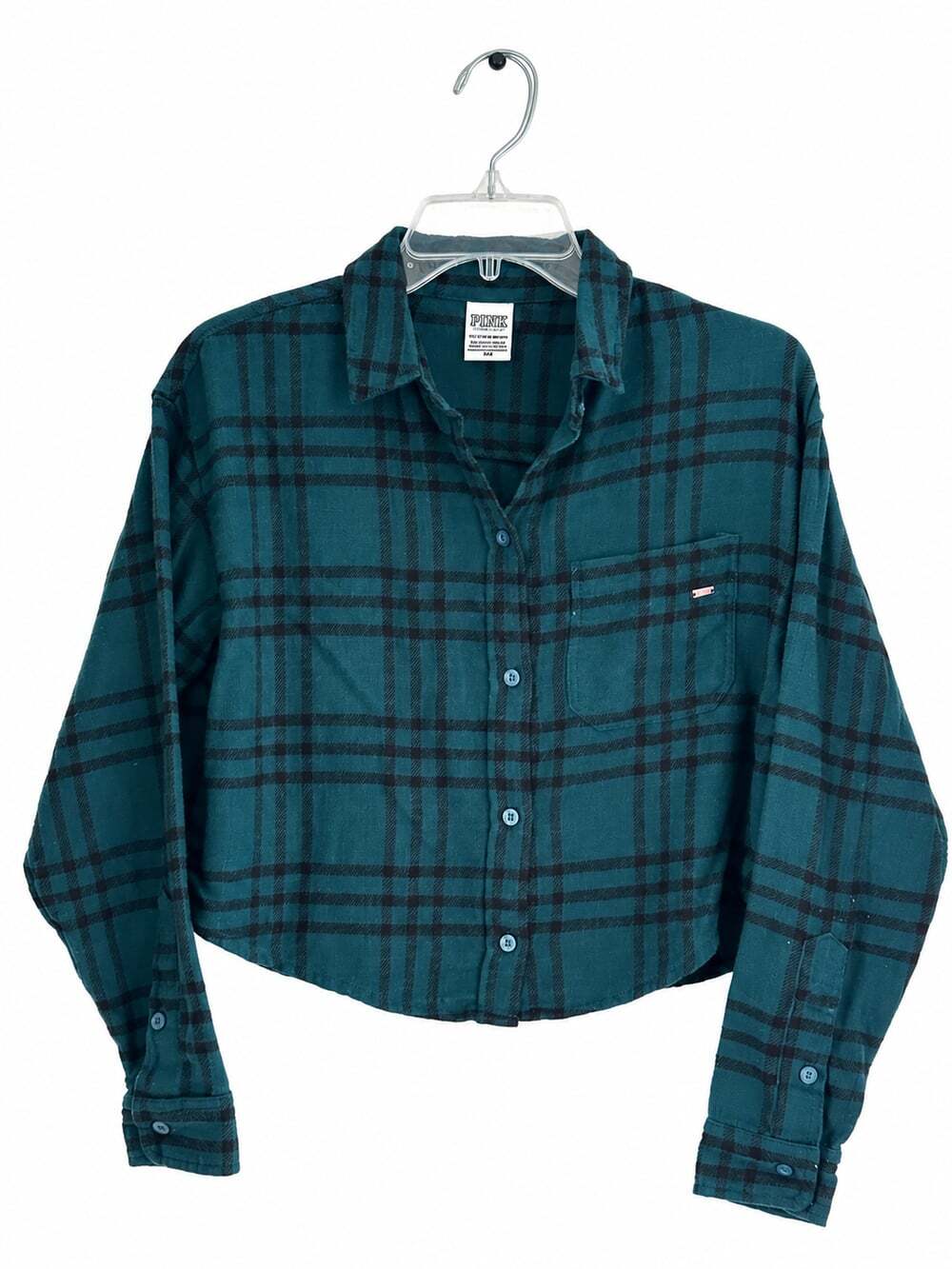 PINK Victoria’s Secret XS Green Black Plaid Cropped Flannel Button Down Shirt